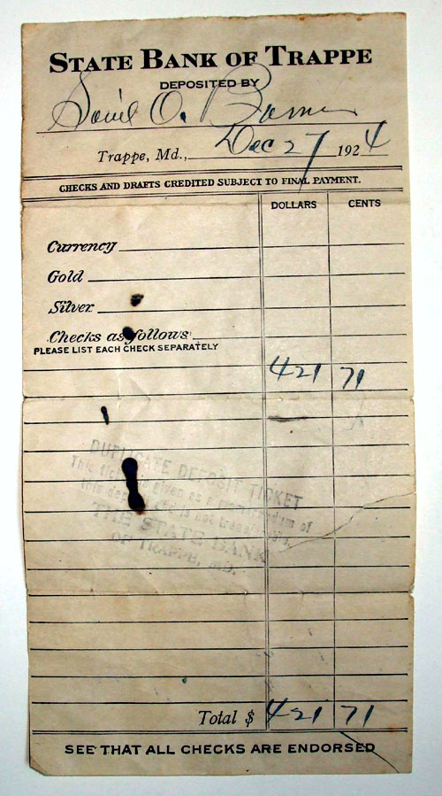 Deposit ticket from State Bank of Trappe, 1924