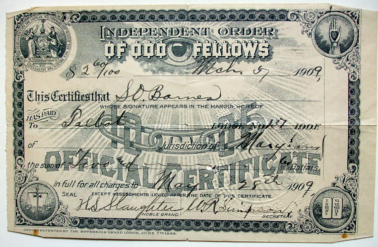 Sam Barns' Odd Fellows membership