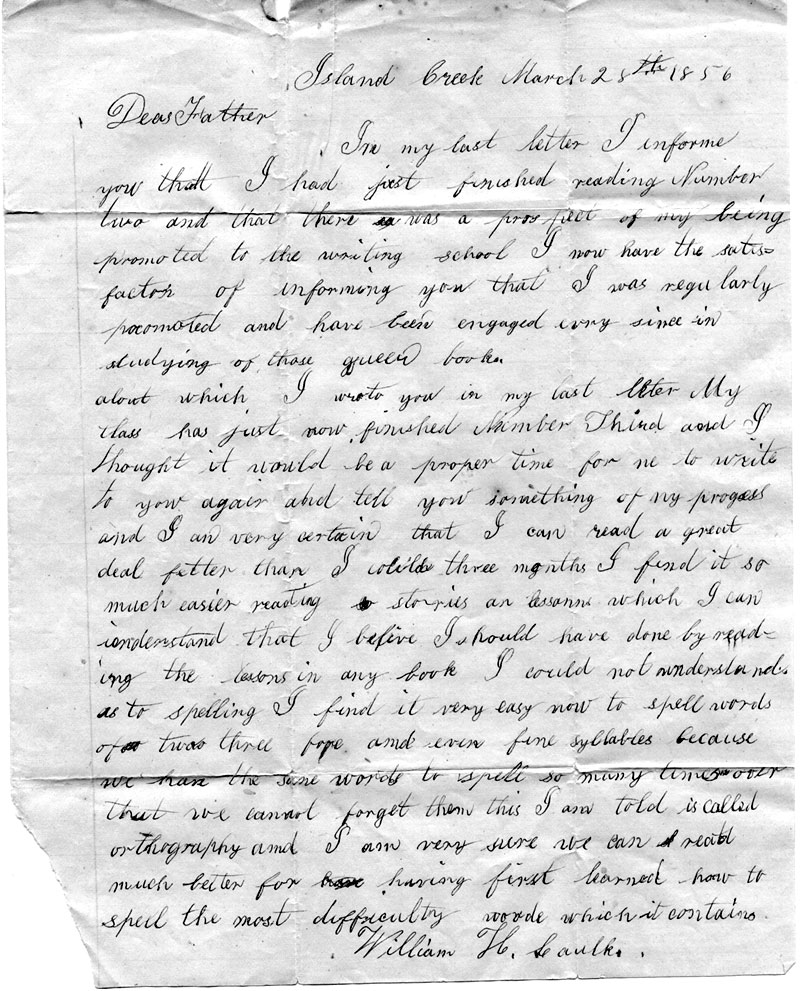 Billy Caulk school letter 1856