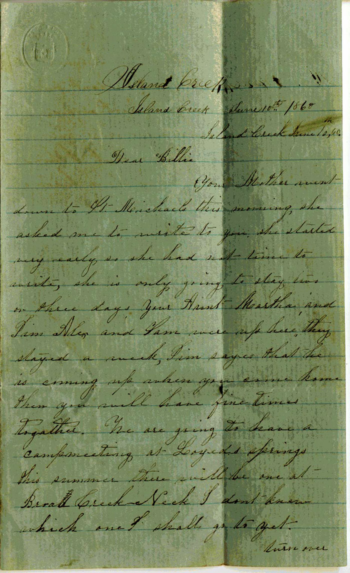 June 10, 1860 letter from a Caulk family friend staying at Isle of Rays farm near Trappe