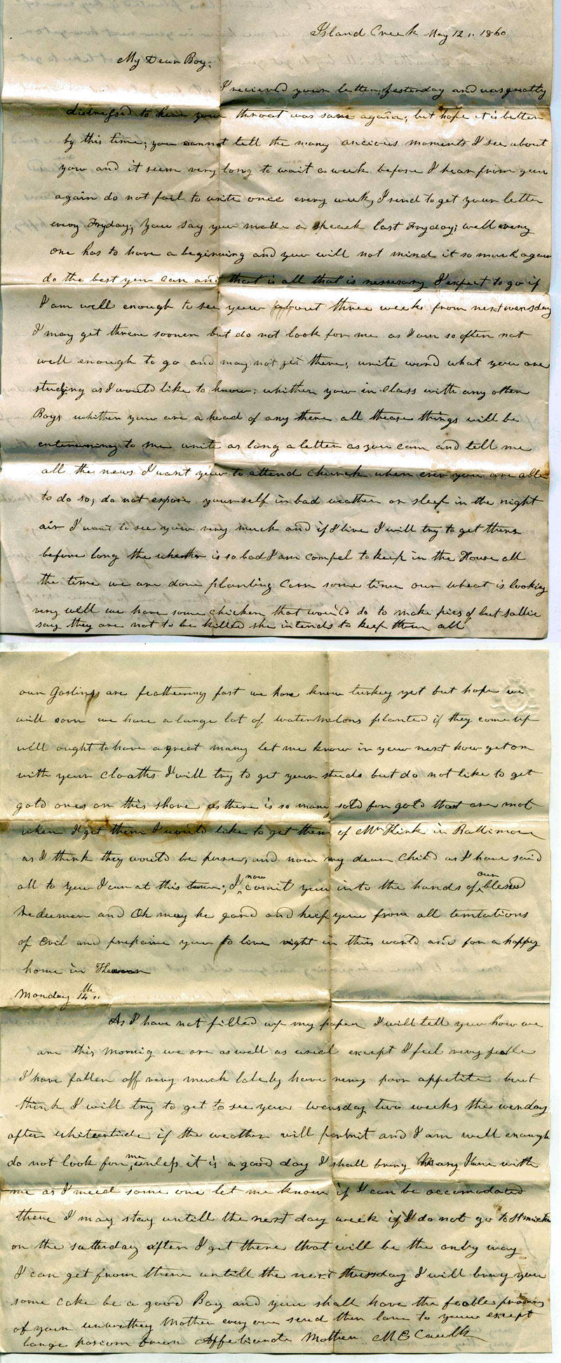 Letter dated May 12, 1860 from Mary Elizabeth Caulk to her son William