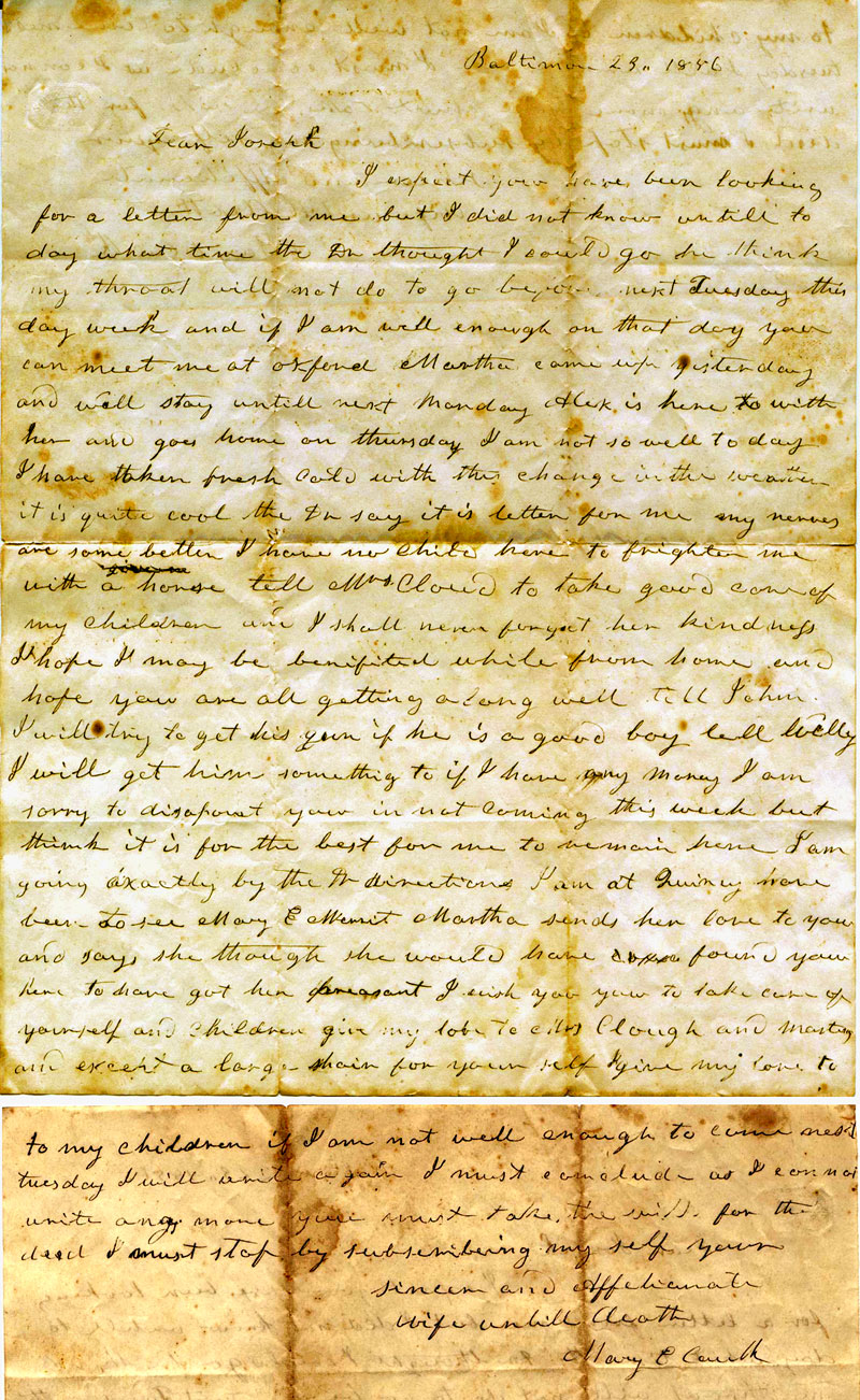 1856 letter from Mary Elizabeth Caulk her husband Joseph