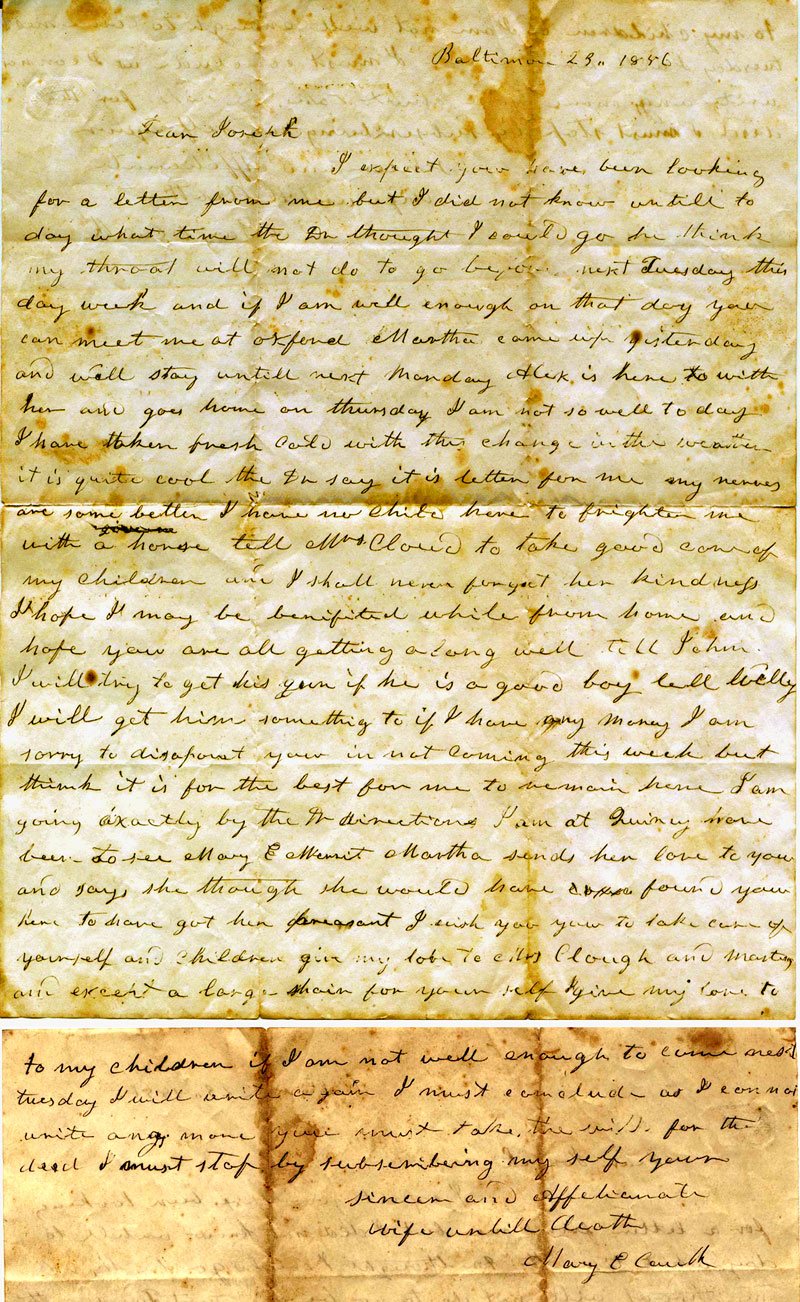 1856 letter from Mary Elizabeth Caulk her husband Joseph