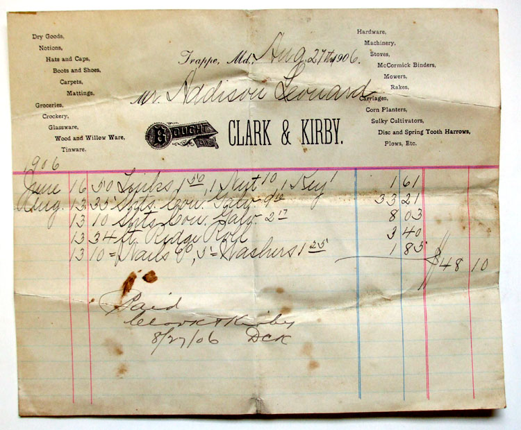 Invoice dated 1906 for items bought at Clark & Kirby's store