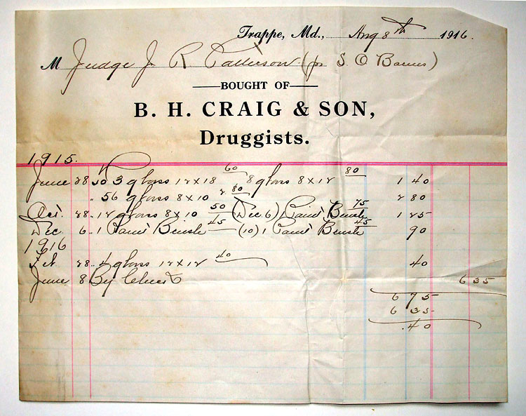 Bill from B. H. Craig & Son druggists dated 1916