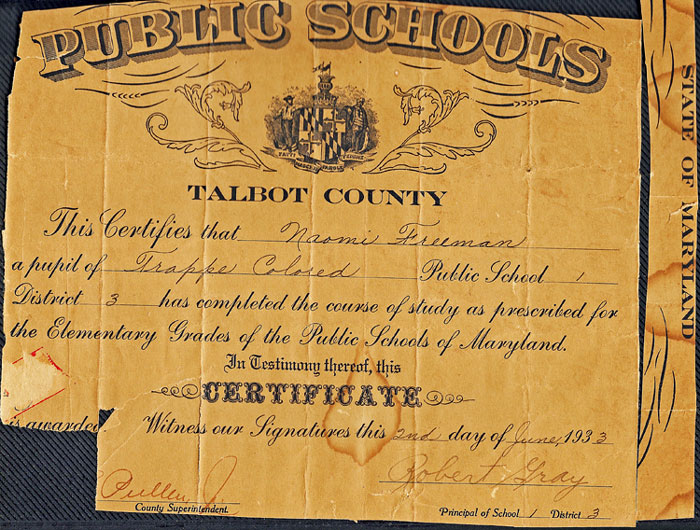 Naomi Freeman's diploma from 1933