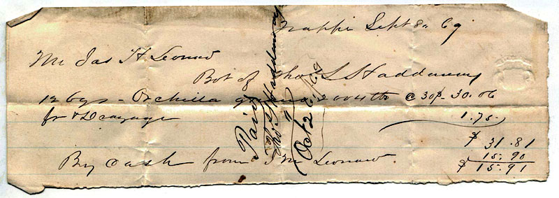  Bill dated Sept. 8, 1869 from Thomas S. Haddaway to J.H. Leonard
