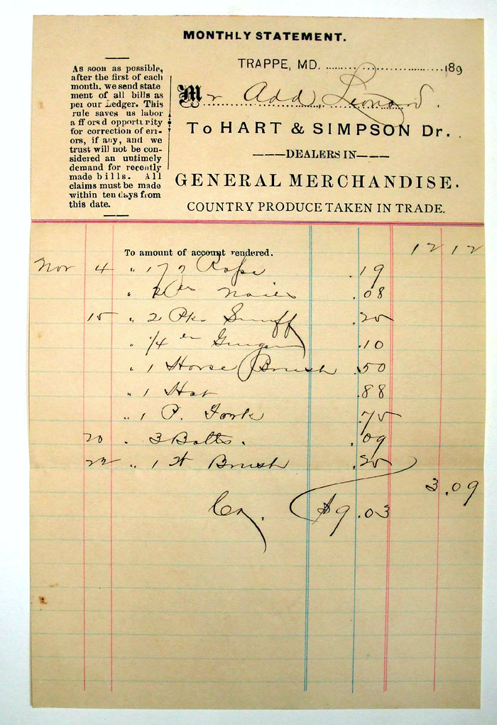 1890s invoice from Hart & Simpson dealers in general merchandise.