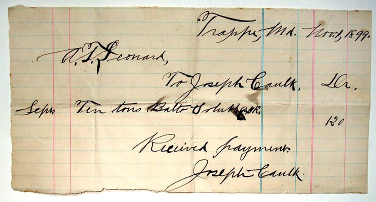 1899 receipt from A. S. Leonard to Joseph Caulk
