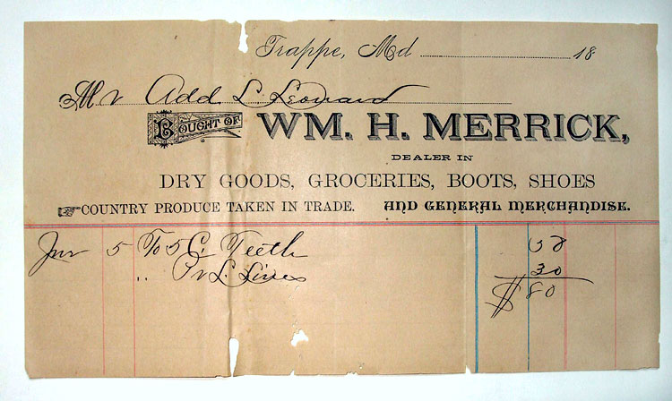 19th century letterhead of Wm. H. Merrick dealer in dry goods, groceries, boots shoes and general merchandise