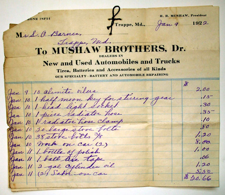 1922 bill from Mushaw Brothers dealers in new and used automobiles