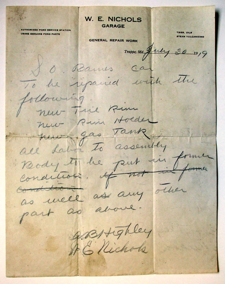 1919 invoice from Walter E. Nichols Garage