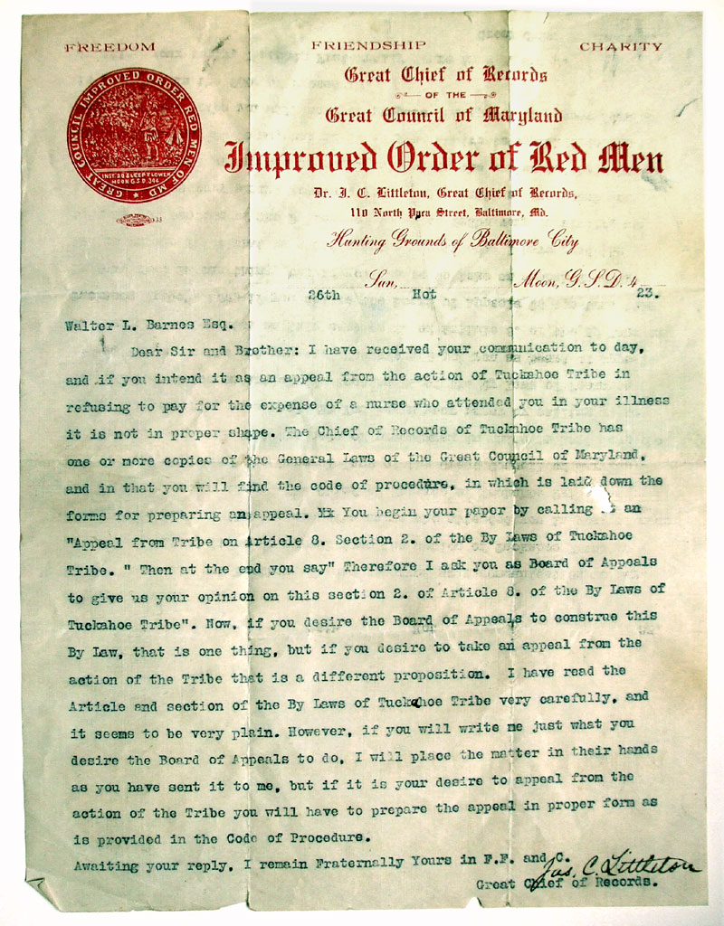 1923 letter from the Great Chief of Records