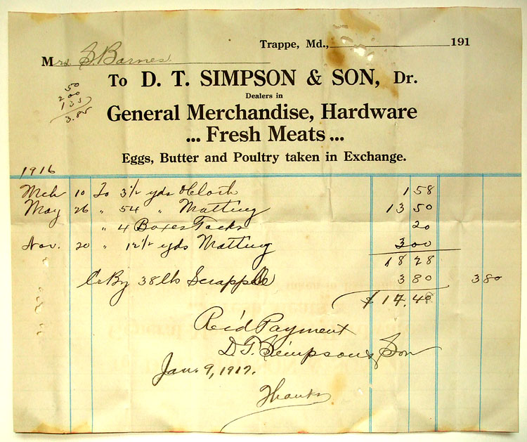 Bill dated 1916 from D. T. Simpson & Son.