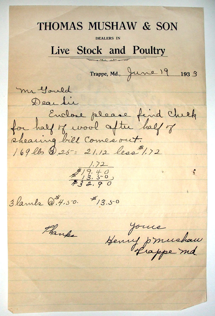 1933 invoice from Thomas Mushaw & Son dealers in livestock and poultry
