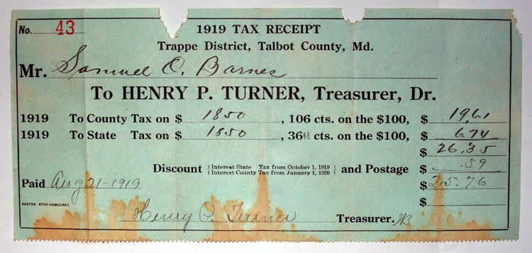 Receipt dated 1919 to Samuel Barnes 
for state and county taxes paid