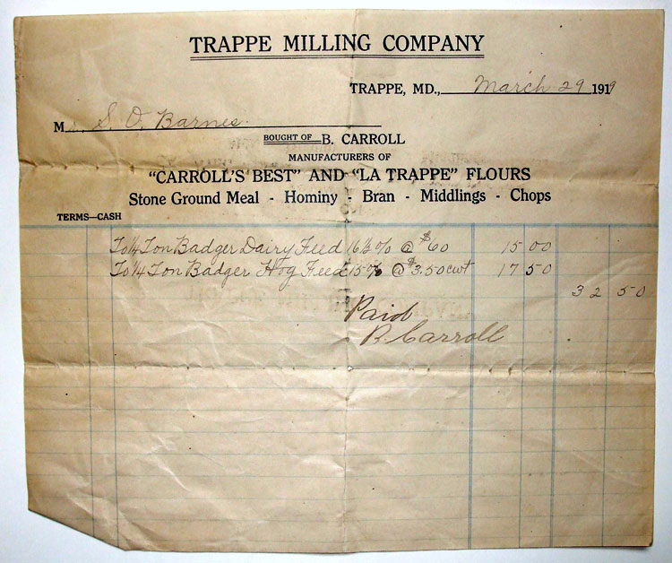 1919 invoice from Trappe Milling Company operated by B. Carroll