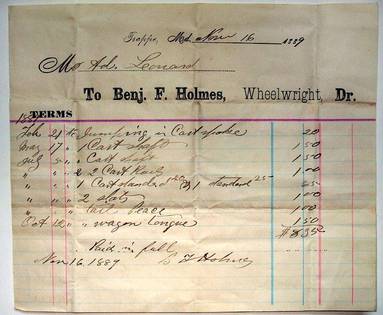 1889 bill from Benjamin Holmes who was one of Trappe's wheelwrights